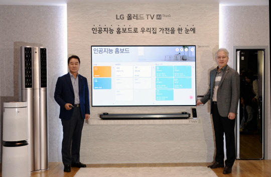 6일 서울 마곡동에 있는 LG사이언스파크에서 열린 2019년 LG TV 신제품 발표행사에서 최상규 LG전자 한국영업본부장 사장(왼쪽)과 권봉석 MC·HE사업본부장 사장이 집안 인공지능 가전을 한눈에 확인하고 제어할 수 있는 '인공지능 홈보드' 기능을 소개하고 있다.  LG전자 제공